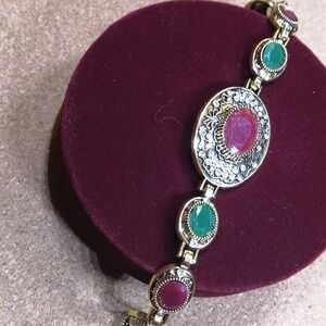 Gorgeous Sparkling Golden Tone Colouful Fashion Bracelet 7.25" Long